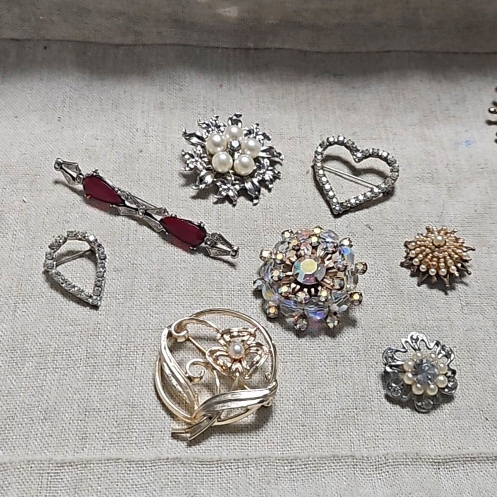 Vintage Rhinestone Brooch Signed Starburst Faux Pearl Heart Pin Lot 8